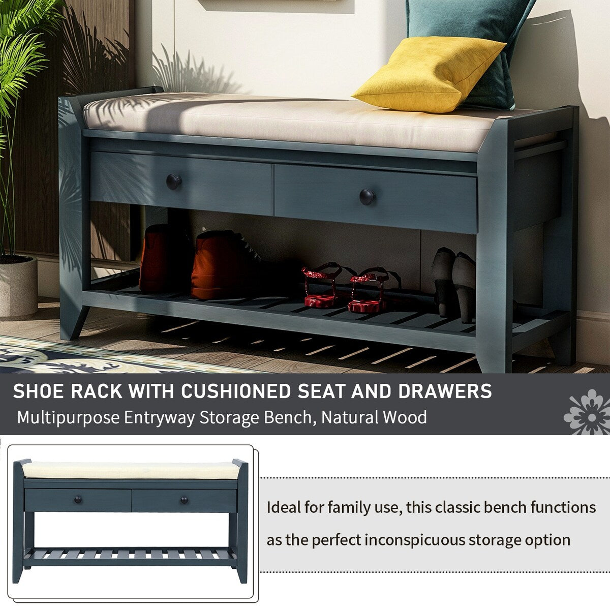 Shoe Rack with Cushioned Seat and Drawers, Multipurpose Storage Bench, Antique Navy - 39L x 14W x 19.8H