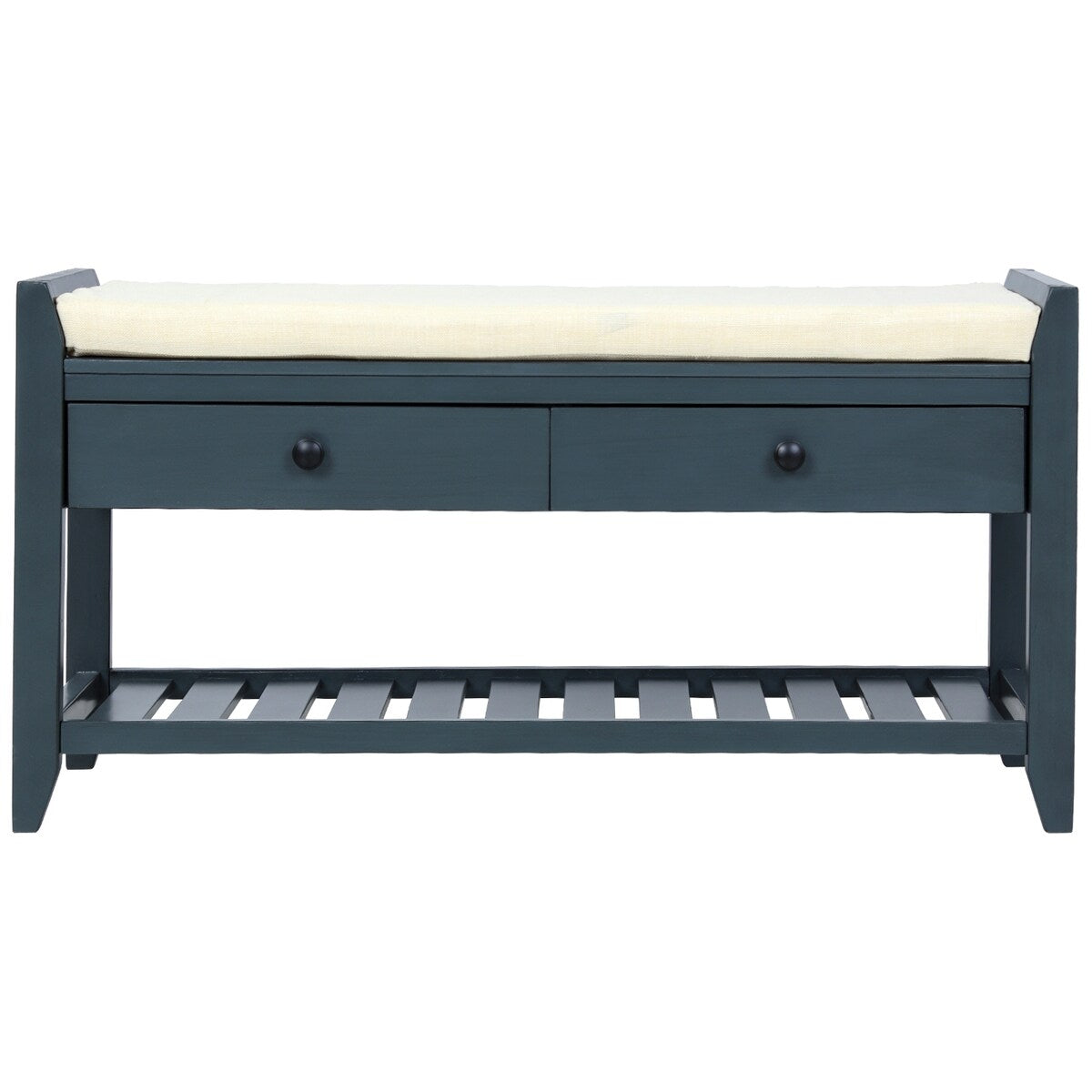 Shoe Rack with Cushioned Seat and Drawers, Multipurpose Storage Bench, Antique Navy - 39L x 14W x 19.8H