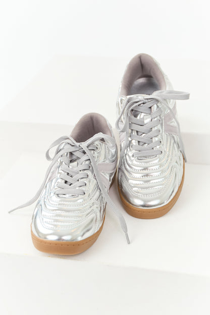 Silver Faux Leather Lace Up Low Top Sneakers