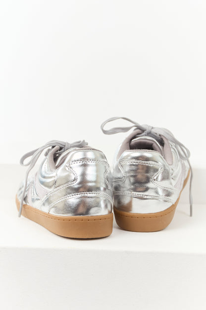 Silver Faux Leather Lace Up Low Top Sneakers