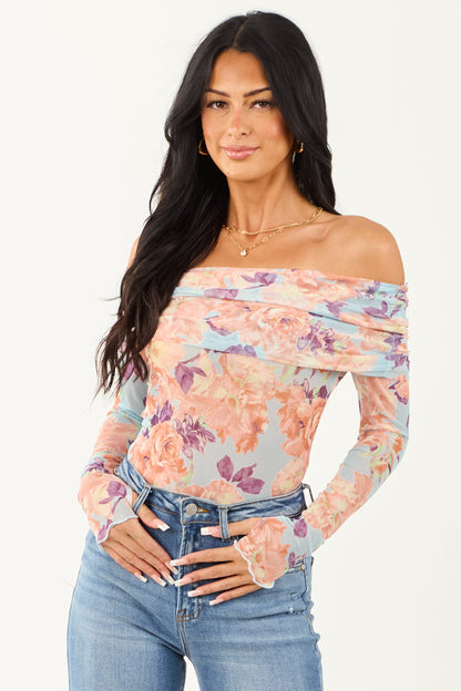 Sky Blue Floral Print Off the Shoulder Bodysuit