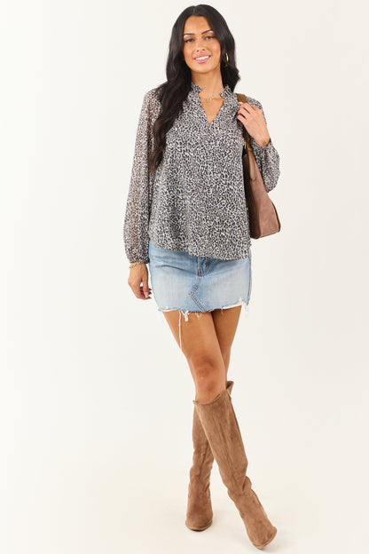 Slate Leopard Print Long Sleeve Frilled Top