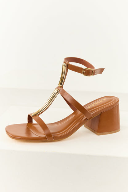 Spice T Strap Gold Accent Block Heels