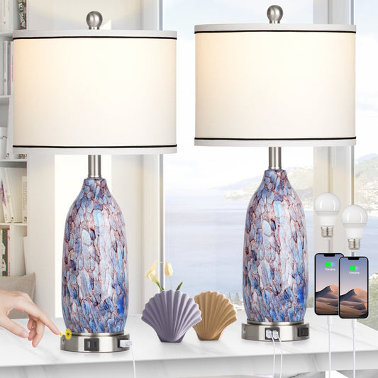Table Lamp with Nightlight 2in1 Indigo Glass Lamp Body Charging Ports AC Outlet Drum Shade Touch Dimming Switch(Set of 2)