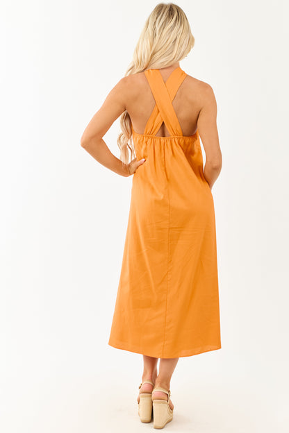 Tangerine Halter Knot Tie Linen Blend Midi Dress