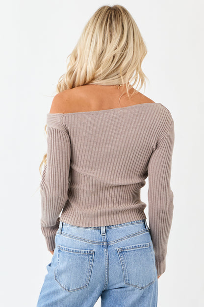 Taupe Asymmetrical Off Shoulder Ribbed Knit Sweater