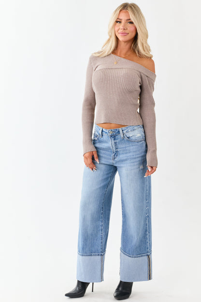 Taupe Asymmetrical Off Shoulder Ribbed Knit Sweater