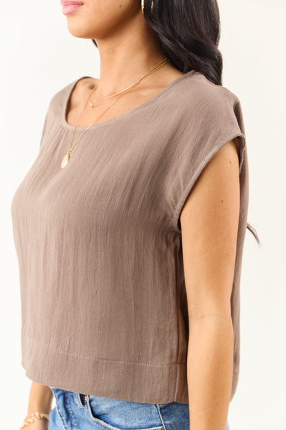 Taupe Cap Sleeve Round Neck Boxy Fit Top