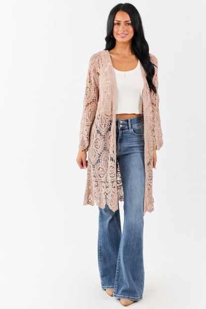 Taupe Open Crochet Bell Sleeve Cotton Duster Cardigan