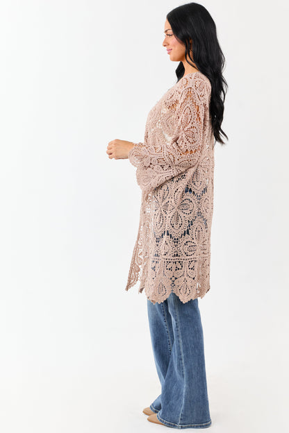 Taupe Open Crochet Bell Sleeve Cotton Duster Cardigan