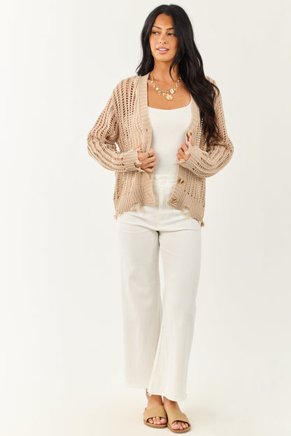Taupe Open Knit Frayed Trim Button Up Cardigan