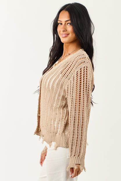 Taupe Open Knit Frayed Trim Button Up Cardigan