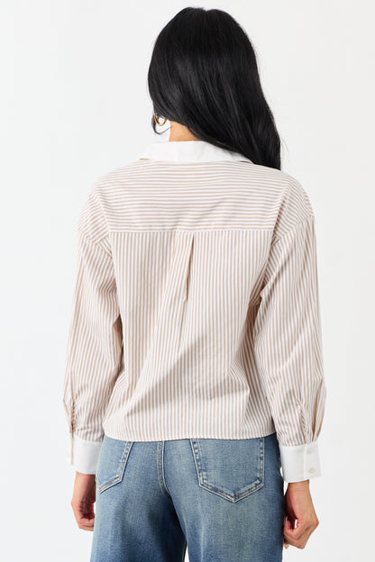 Taupe Striped Long Sleeve Button Down Cotton Top