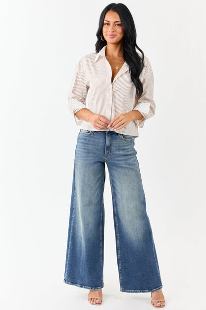 Taupe Striped Long Sleeve Button Down Cotton Top