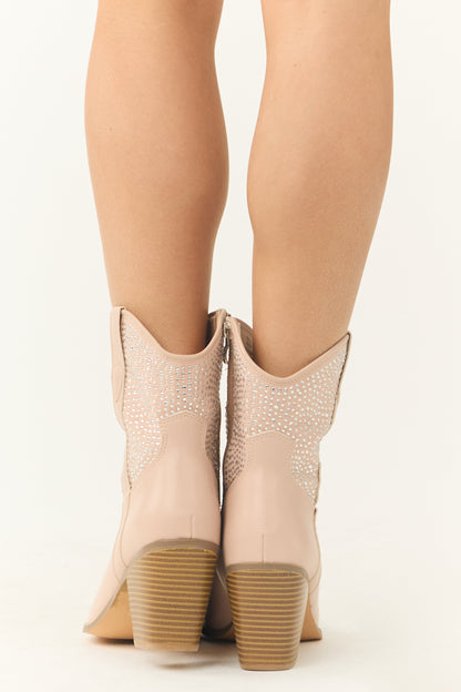 Pale Blush Rhinestone Embellished Western Booties