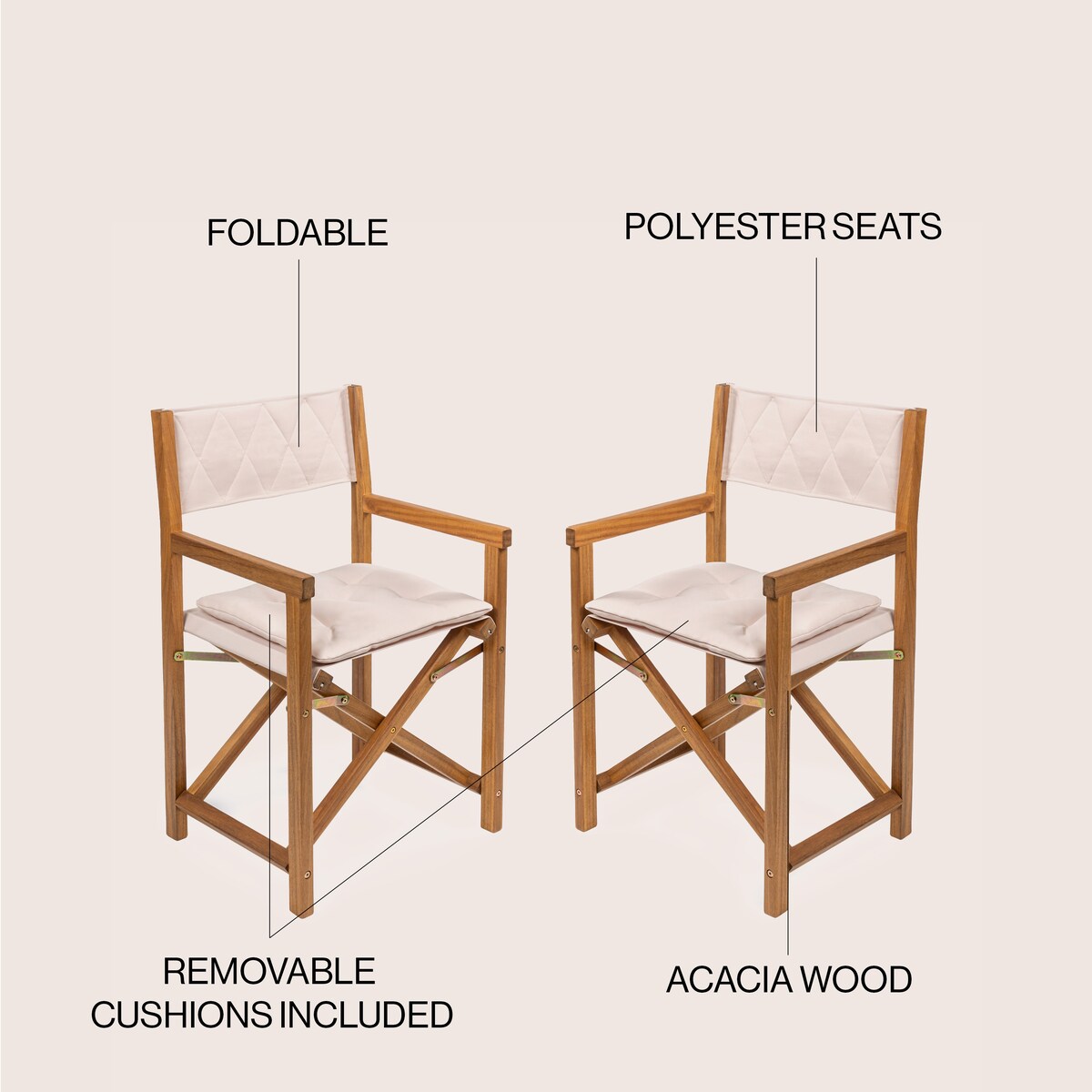 Theo Classic Mid-Century Outdoor Acacia Wood Foldable Diamond-Quilted Back Director Chair with Cushion, (Set of 2) by JONATHAN Y