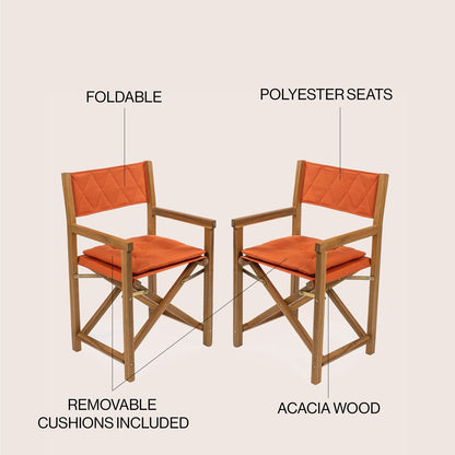 Theo Classic Mid-Century Outdoor Acacia Wood Foldable Diamond-Quilted Back Director Chair with Cushion, (Set of 2) by JONATHAN Y