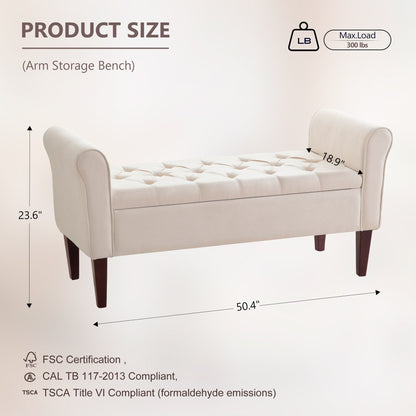 Upholstered Storage Bench Arm Bench Entryway Bench with Tufted Flip Top 50.4 Inches
