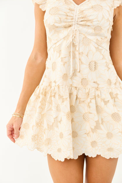 Vanilla Embroidered Flower V Neck Mini Dress