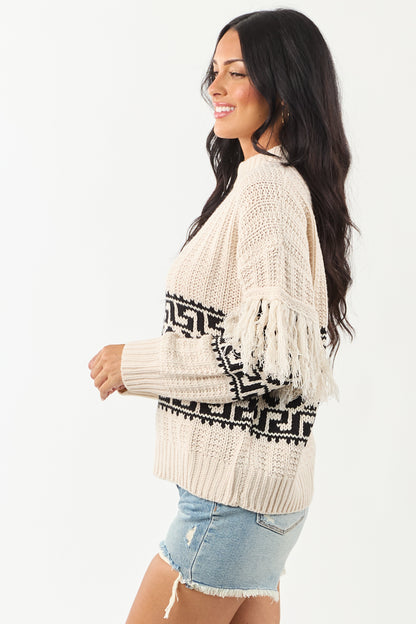 Vanilla Geometric Pattern Fringe Sleeve Knit Sweater