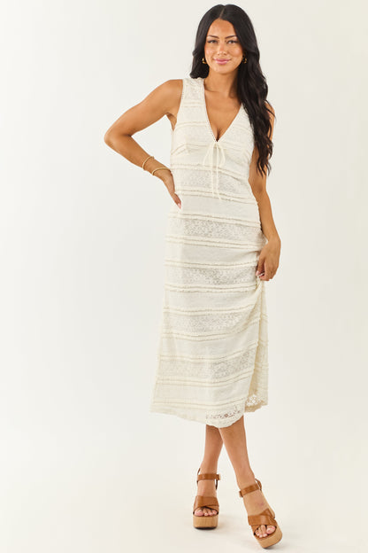 Vanilla Tiered Floral Lace V Neck Midi Dress