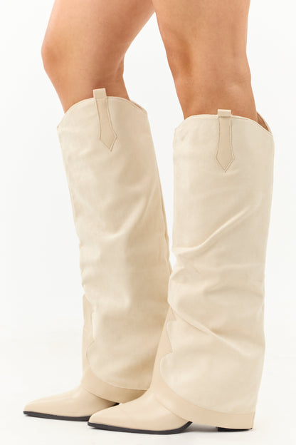 Vanilla Faux Suede Overlay Knee High Cowboy Boots