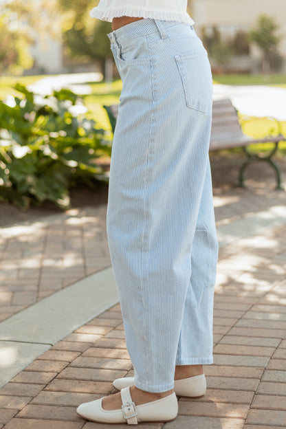 Vervet Light Wash Railroad Stripe Stretchy Barrel Jeans