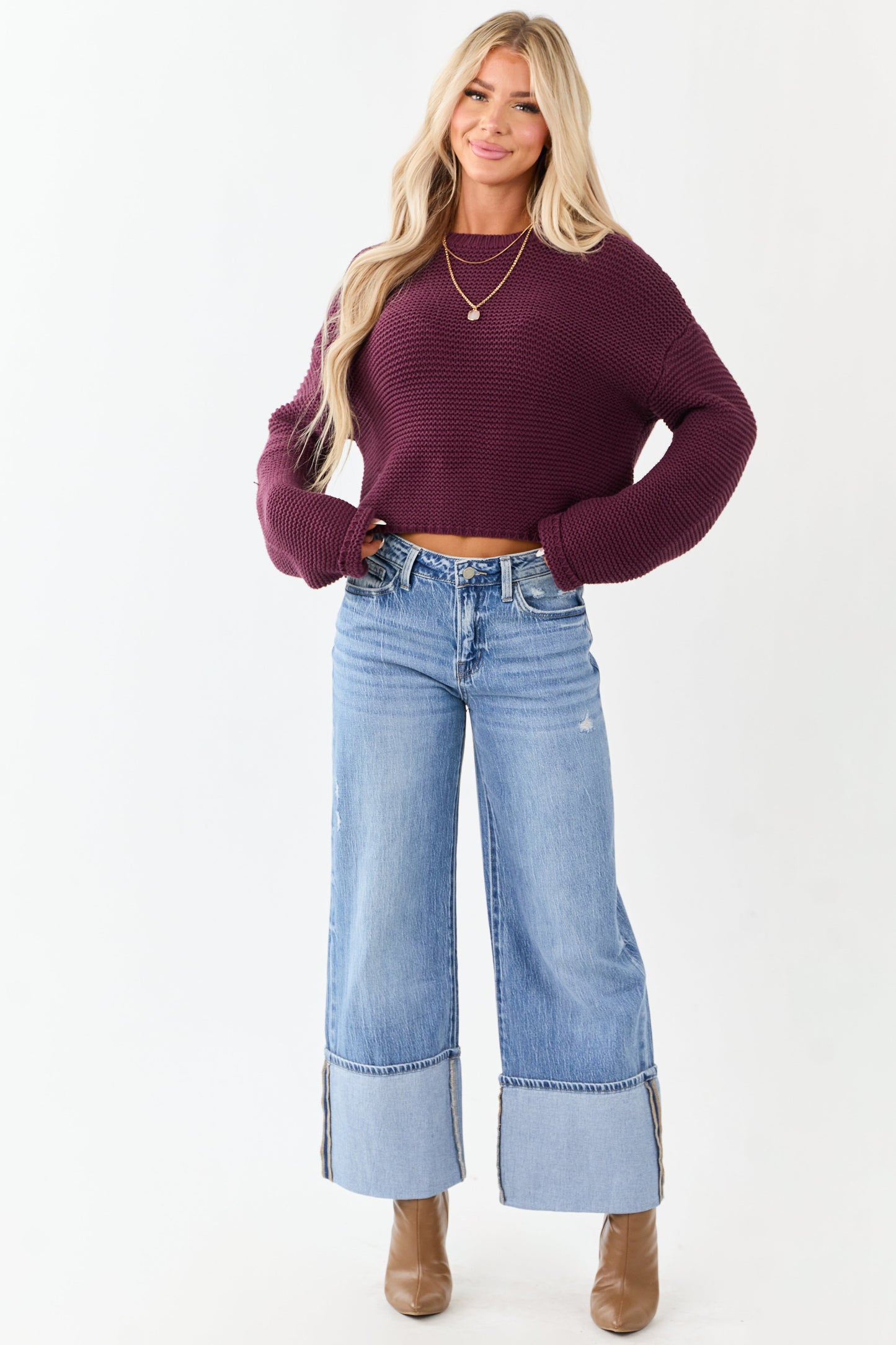 Vervet Medium Wash Cuffed High Rise Wide Leg Jeans