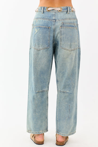 Vintage Wash Paint Drip Tapered Wide Leg Denim Pants