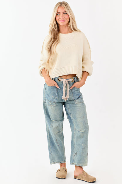 Vintage Wash Paint Drip Tapered Wide Leg Denim Pants