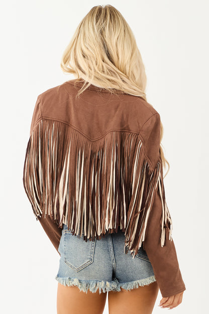 Walnut Fringe Faux Suede Open Front Jacket