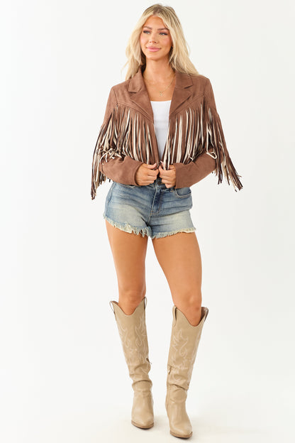 Walnut Fringe Faux Suede Open Front Jacket