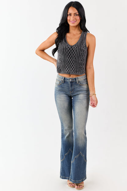 Washed Charcoal Cable Knit Cotton Crop Tank Top
