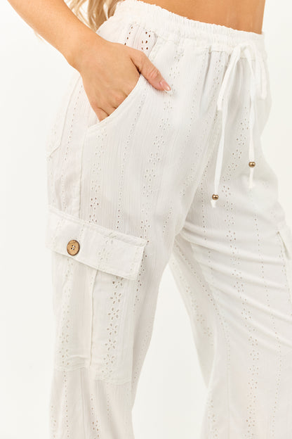 White Eyelet Lace Drawstring Cargo Jogger Pants