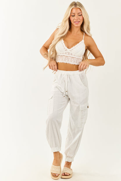 White Eyelet Lace Drawstring Cargo Jogger Pants