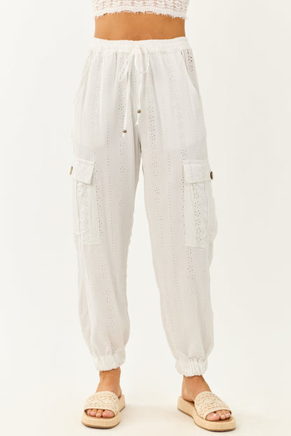 White Eyelet Lace Drawstring Cargo Jogger Pants