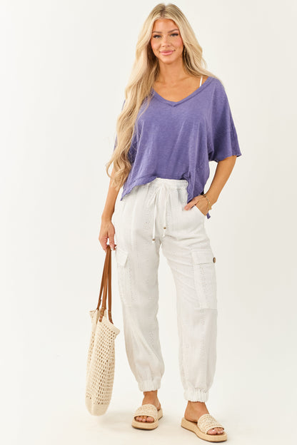 White Eyelet Lace Drawstring Cargo Jogger Pants