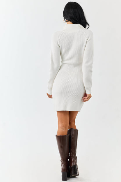 White Half Zip Up Mock Neck Mini Sweater Dress