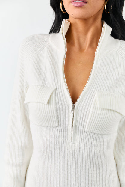 White Half Zip Up Mock Neck Mini Sweater Dress