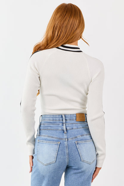 White Mock Neck Ribbed Knit Long Sleeve Bodysuit