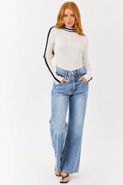 White Mock Neck Ribbed Knit Long Sleeve Bodysuit
