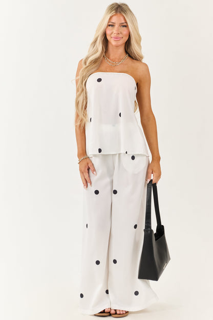 White Polka Dot Strapless Top and Wide Leg Pants Set
