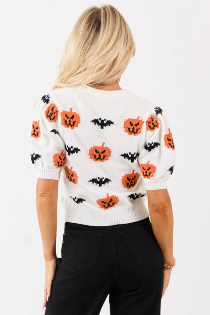 White Pumpkin and Bat Graphic Short Sleeve Sweater