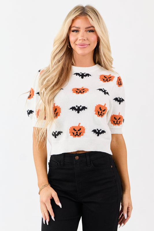 White Pumpkin and Bat Graphic Short Sleeve Sweater