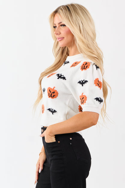 White Pumpkin and Bat Graphic Short Sleeve Sweater