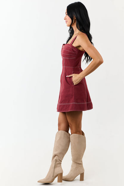 Wine Pintuck Bust Zip Up Denim Mini Dress